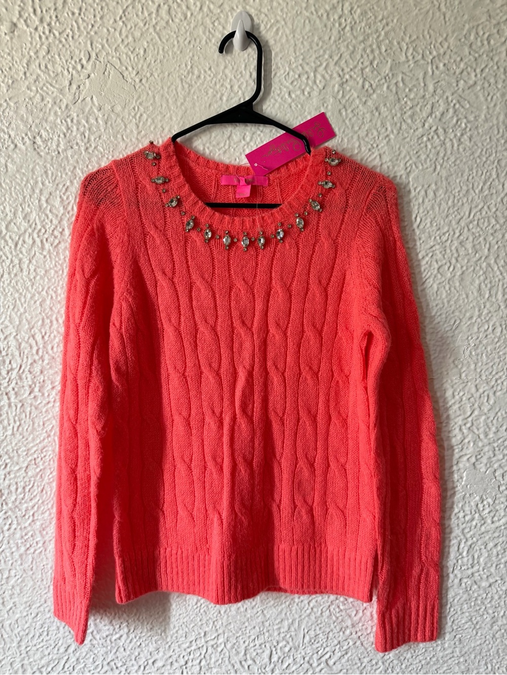 Lilly Pultizer Dario Knit Jeweled Sweater Yummy Melon Pink Pullover Sweater Sz x